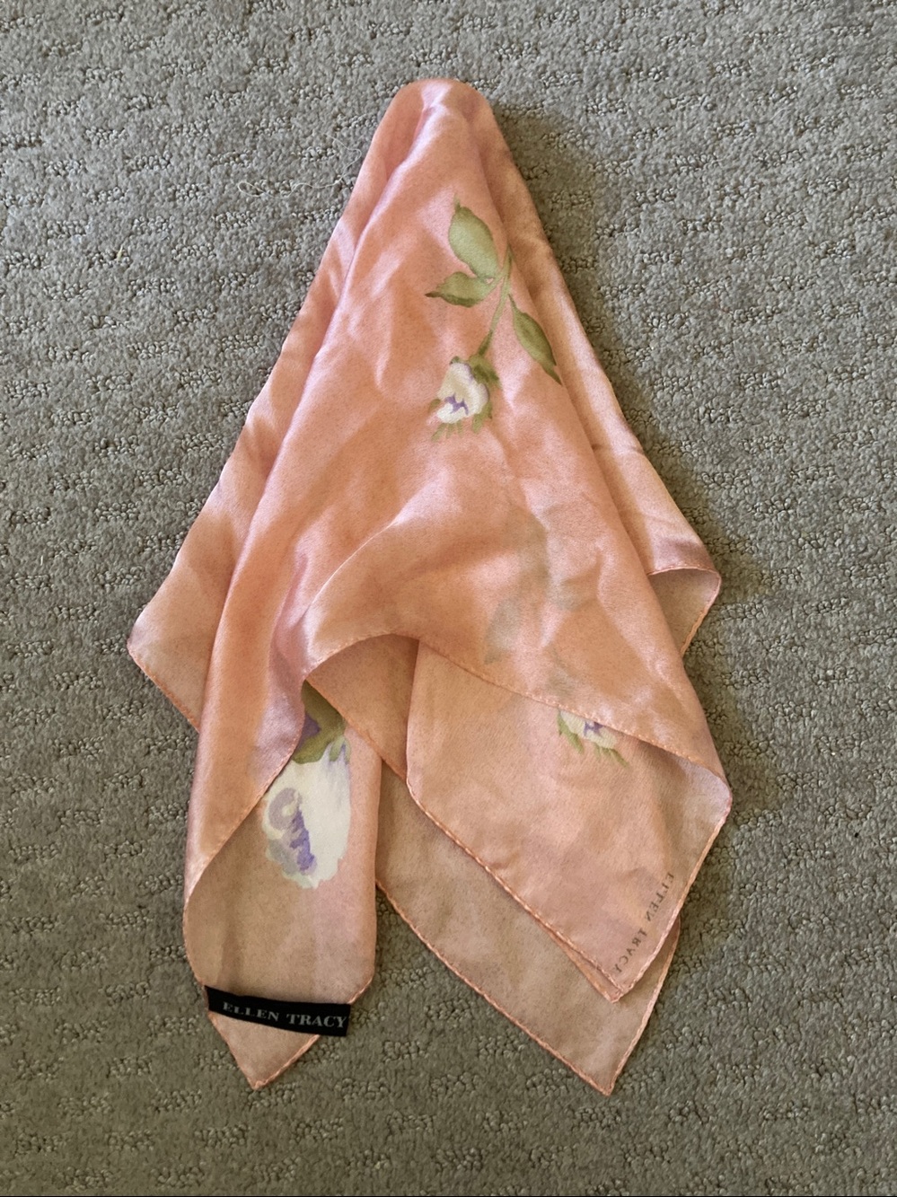 Vintage Ellen Tracy pink silk roses scarf, 21" Square.